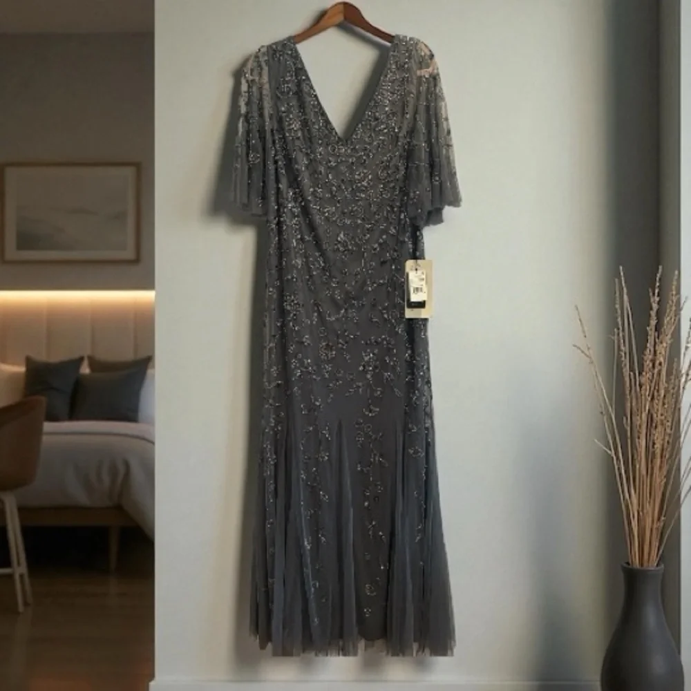 NEW Adrianna Papell Gray Scoop Back Beaded Gown - Picture 1 of 7